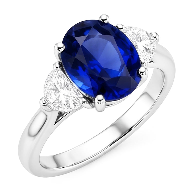 Bague diamant 3 pierres avec saphir bleu profond ovale en or 8.25 carats 14K
