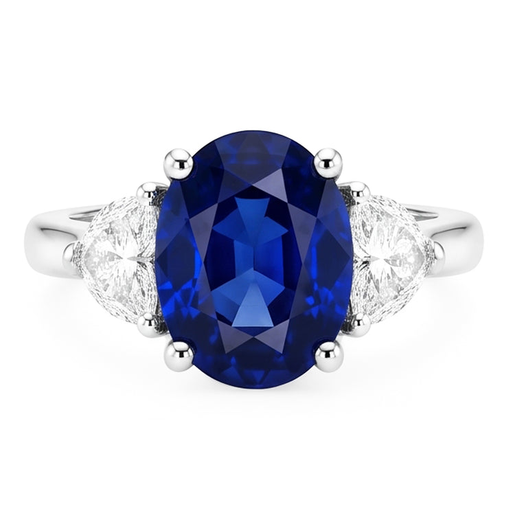 Bague diamant 3 pierres avec saphir bleu profond ovale en or 8.25 carats 14K