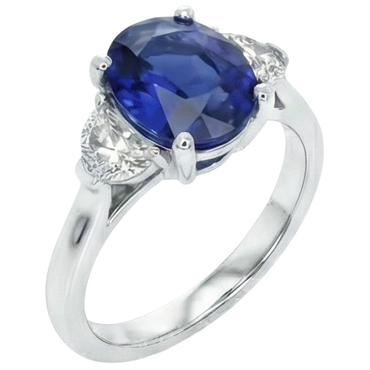 Bague diamant 3 pierres avec saphir bleu profond ovale en or 8.25 carats 14K