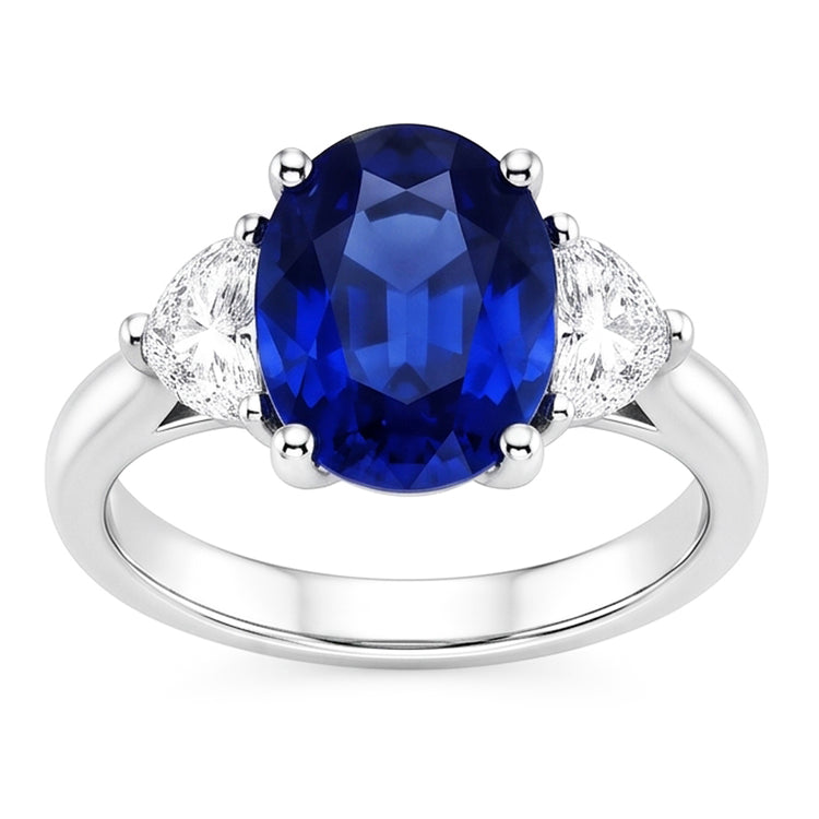 Bague diamant 3 pierres avec saphir bleu profond ovale en or 8.25 carats 14K