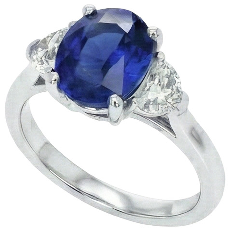 Bague diamant 3 pierres avec saphir bleu profond ovale en or 8.25 carats 14K