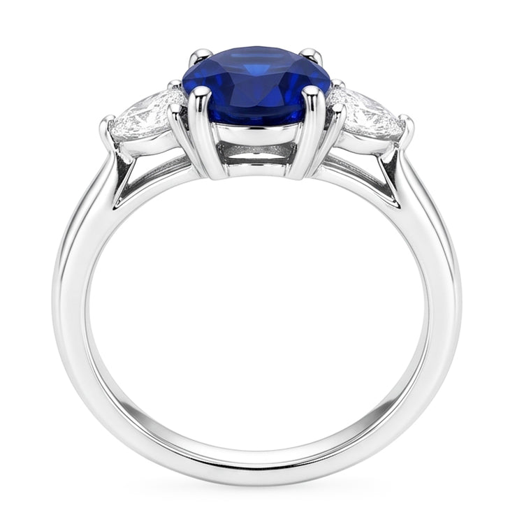 Bague diamant 3 pierres avec saphir bleu profond ovale en or 8.25 carats 14K