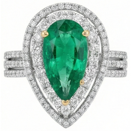 Bague diamant 5 carats belle poire vert émeraude or blanc 14K