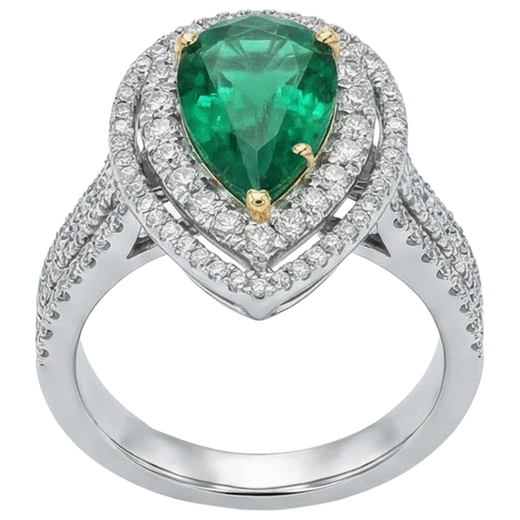 Bague diamant 5 carats belle poire vert émeraude or blanc 14K