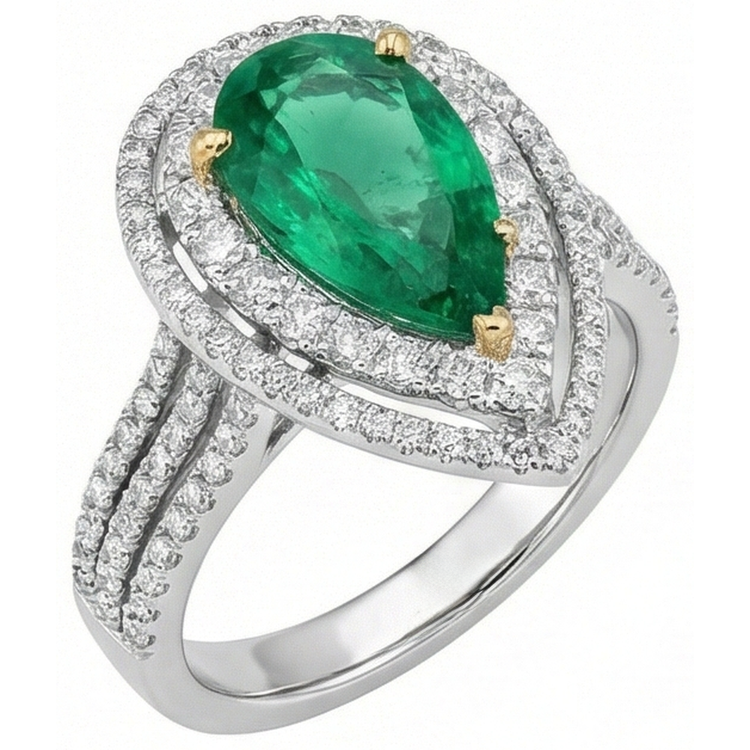 Bague diamant 5 carats belle poire vert émeraude or blanc 14K