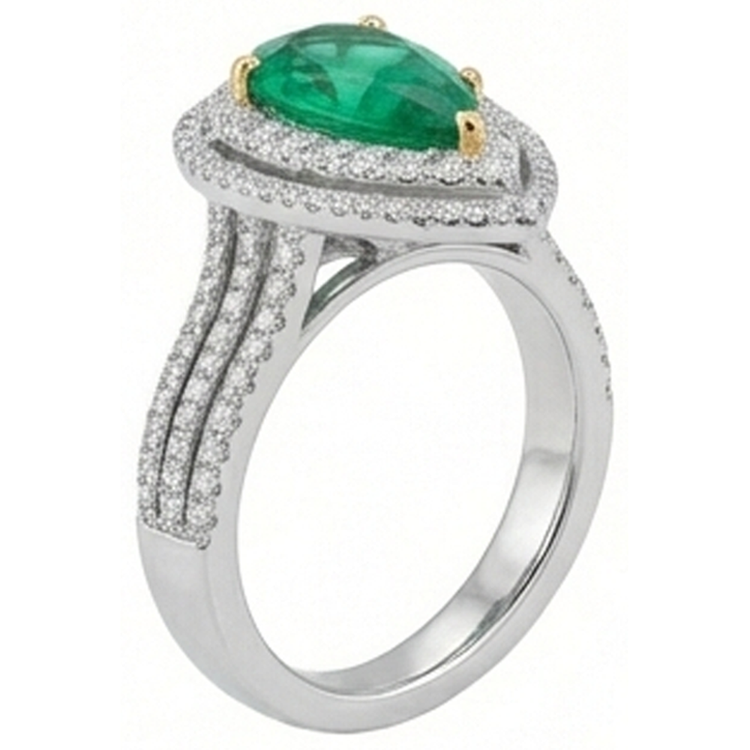 Bague diamant 5 carats belle poire vert émeraude or blanc 14K