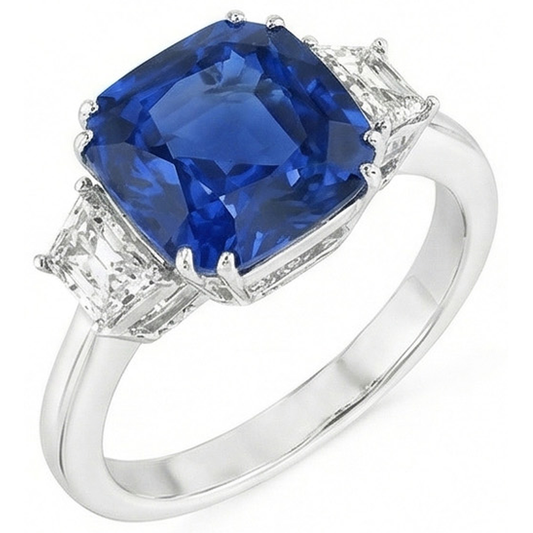 Bague diamant Asscher saphir bleu du Sri Lanka 2 ct. GT 14K