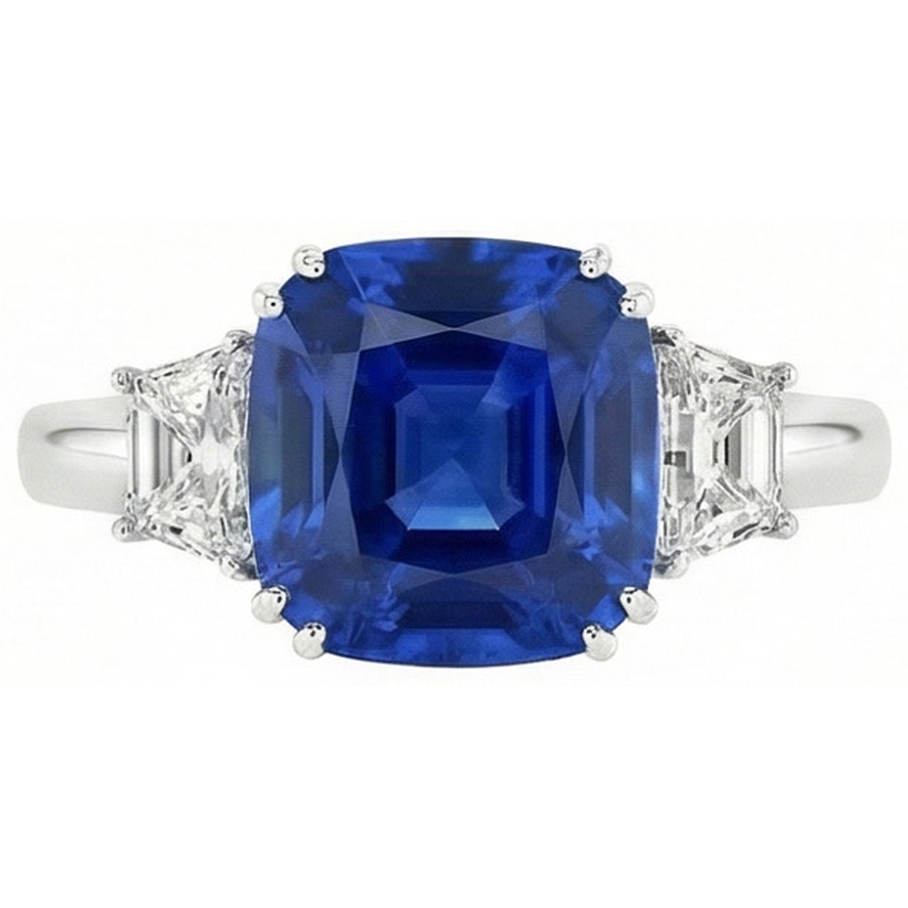 Bague diamant Asscher saphir bleu du Sri Lanka 2 ct. GT 14K