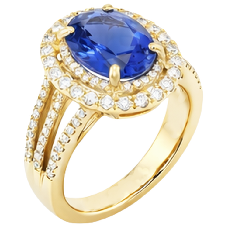 Bague diamant bleu tanzanite ovale en or jaune 6 carats 14 carats