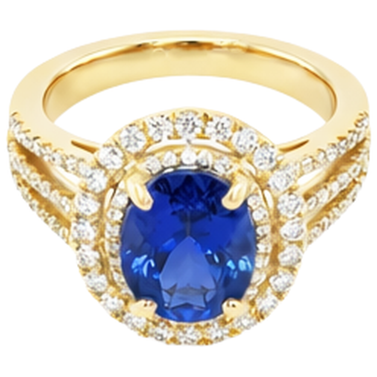 Bague diamant bleu tanzanite ovale en or jaune 6 carats 14 carats