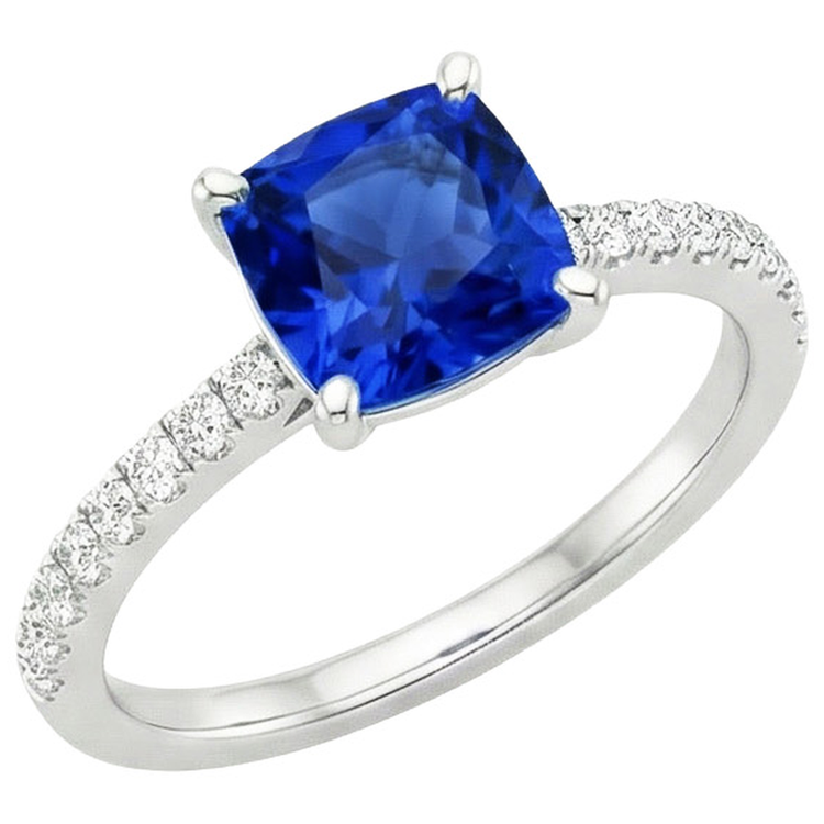 Bague diamant coussin saphir bleu avec accents sertis pavé 2.75 carats