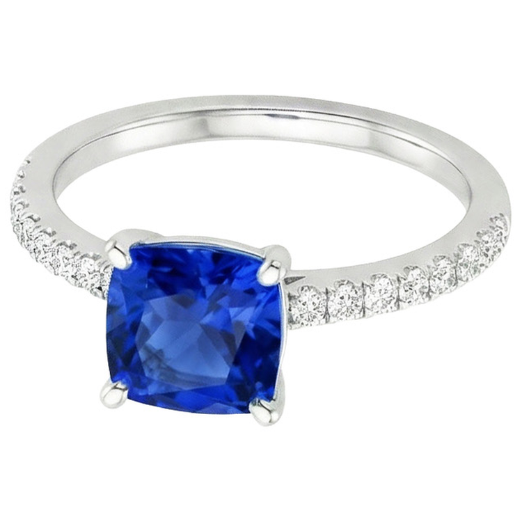 Bague diamant coussin saphir bleu avec accents sertis pavé 2.75 carats