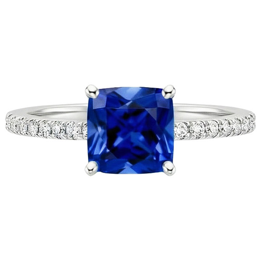 Bague diamant coussin saphir bleu avec accents sertis pavé 2.75 carats