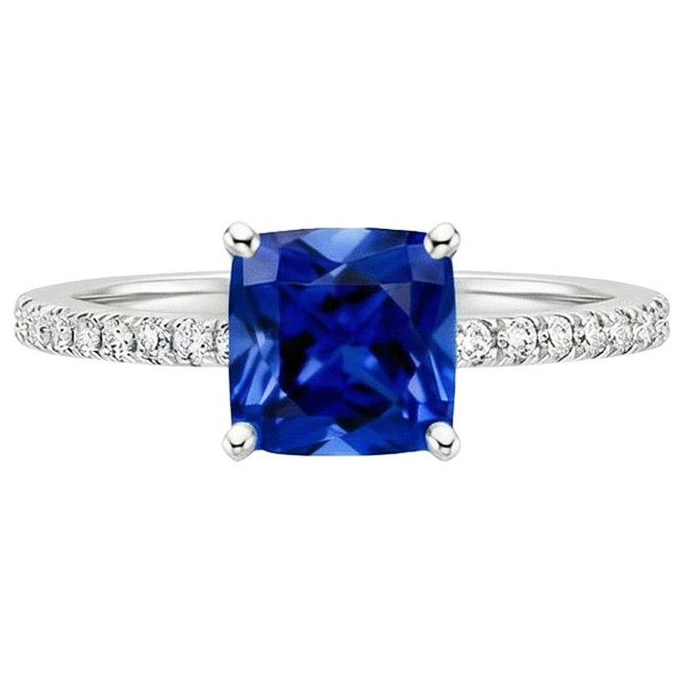 Bague diamant coussin saphir bleu avec accents sertis pavé 2.75 carats