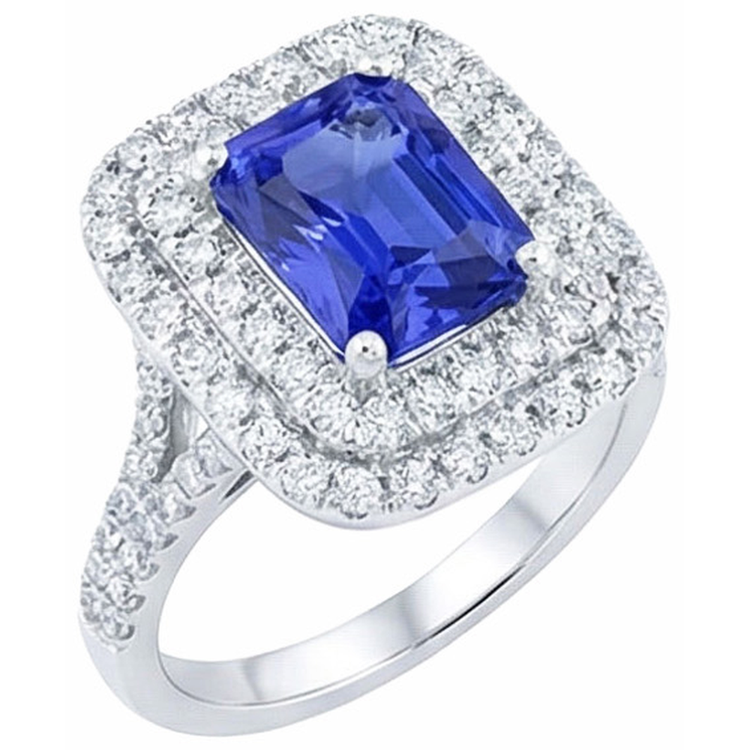 Bague diamant double halo radiant saphir 4 carats tige fendue