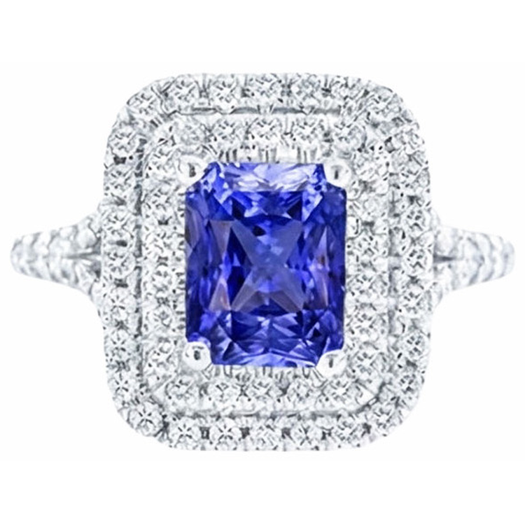 Bague diamant double halo radiant saphir 4 carats tige fendue