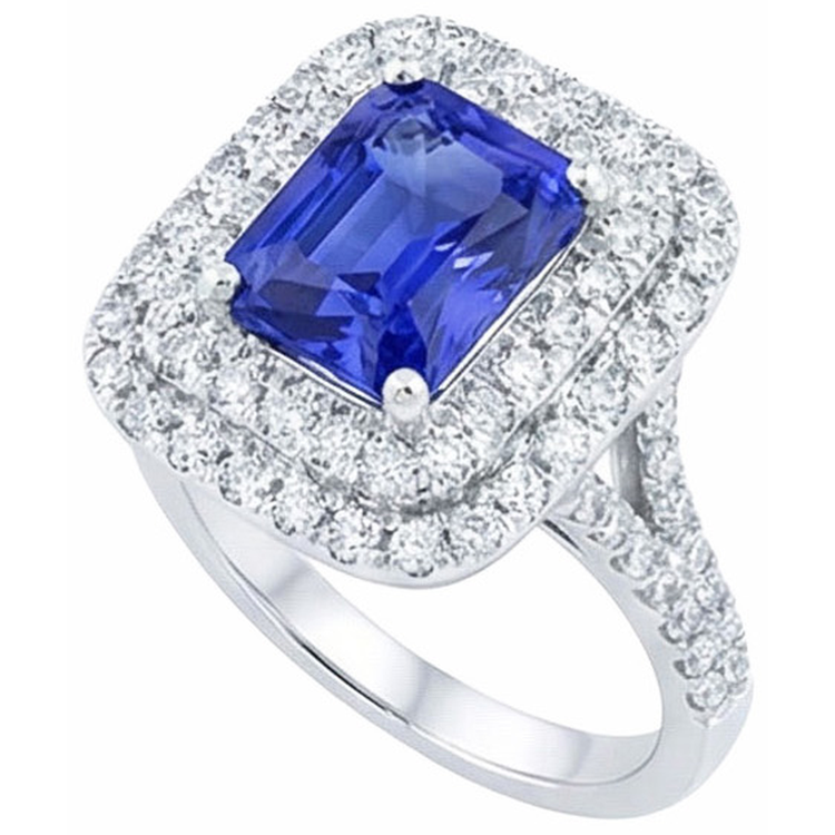 Bague diamant double halo radiant saphir 4 carats tige fendue
