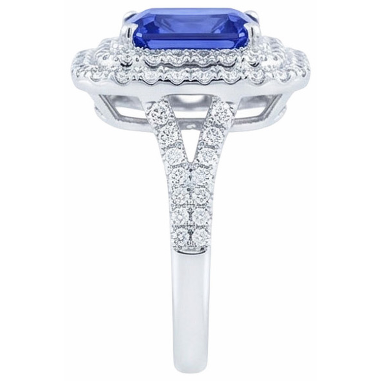 Bague diamant double halo radiant saphir 4 carats tige fendue