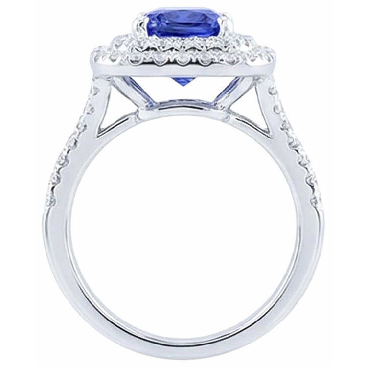 Bague diamant double halo radiant saphir 4 carats tige fendue