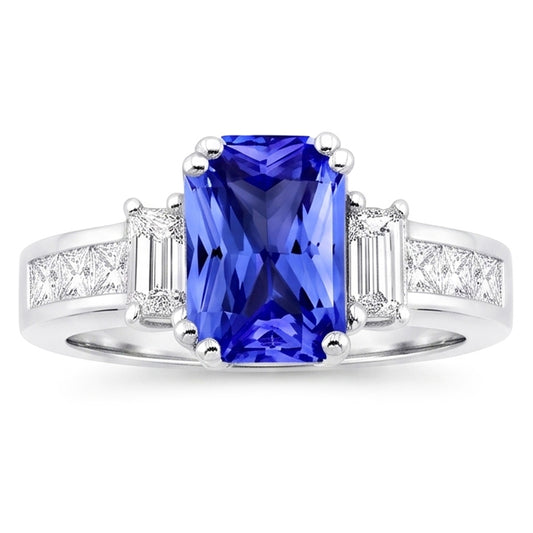 Bague diamant émeraude et saphir 3 pierres style 4.50 carats ensemble de canaux