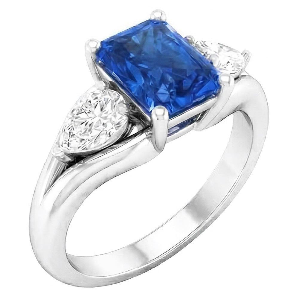 Bague diamant poire saphir bleu éclatant 3 carats tige fendue en V 3 pierres