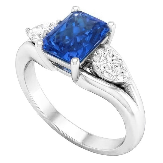 Bague diamant poire saphir bleu éclatant 3 carats tige fendue en V 3 pierres
