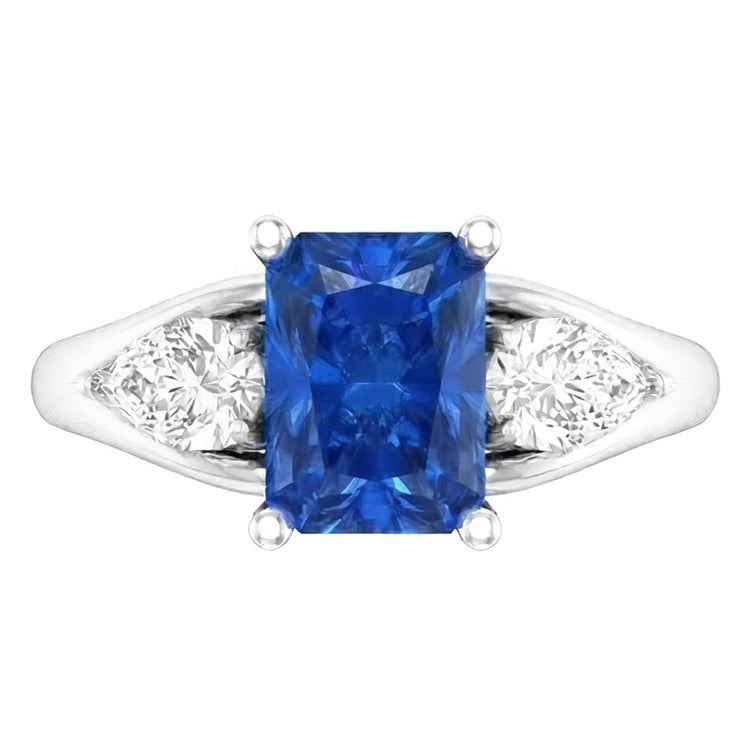 Bague diamant poire saphir bleu éclatant 3 carats tige fendue en V 3 pierres
