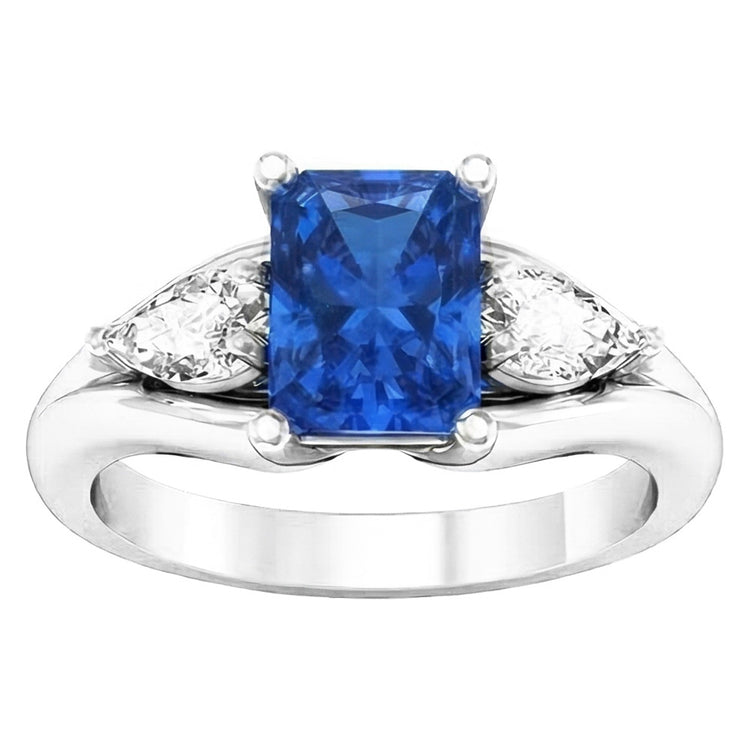 Bague diamant poire saphir bleu éclatant 3 carats tige fendue en V 3 pierres