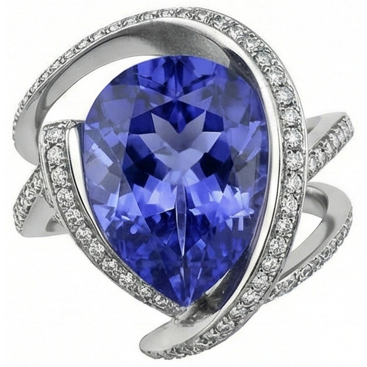 Bague diamant poire tanzanite 5 carats pierres précieuses or blanc 14K bijoux