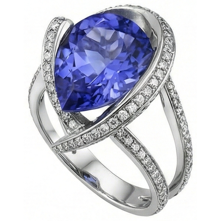 Bague diamant poire tanzanite 5 carats pierres précieuses or blanc 14K bijoux