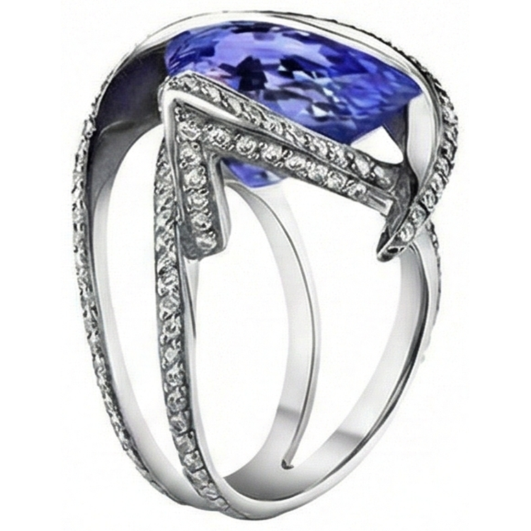 Bague diamant poire tanzanite 5 carats pierres précieuses or blanc 14K bijoux