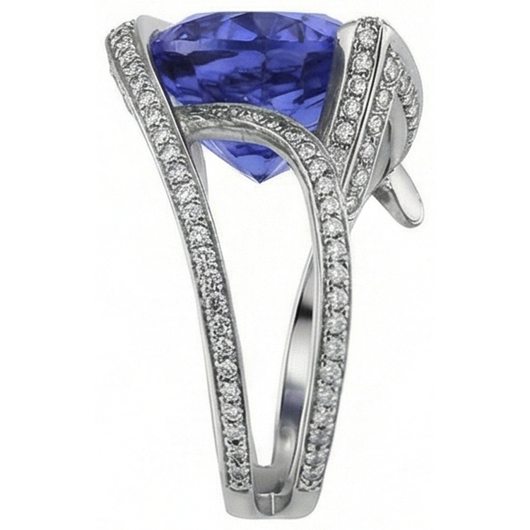 Bague diamant poire tanzanite 5 carats pierres précieuses or blanc 14K bijoux