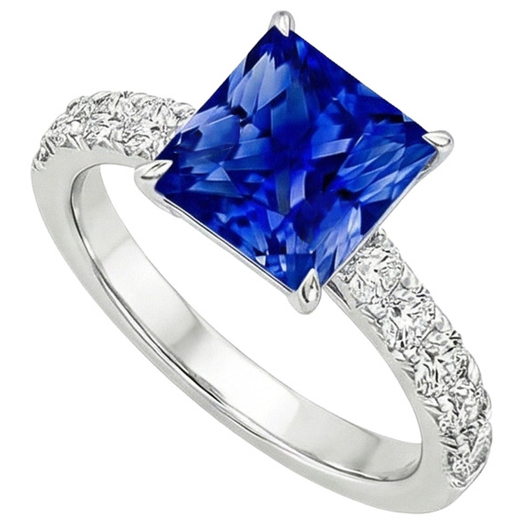Bague diamant pour femme en or princesse saphir bleu accentué de 4.50 carats