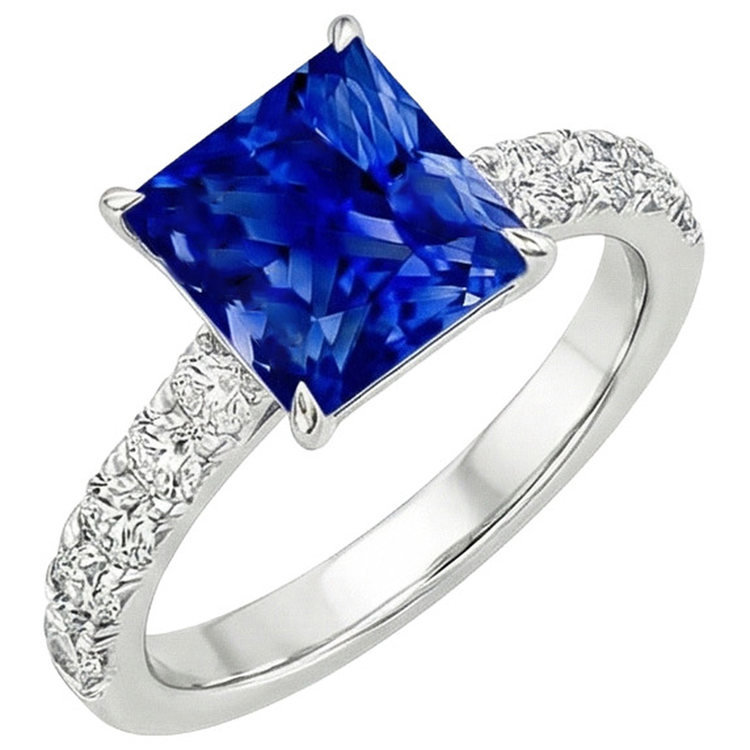 Bague diamant pour femme en or princesse saphir bleu accentué de 4.50 carats