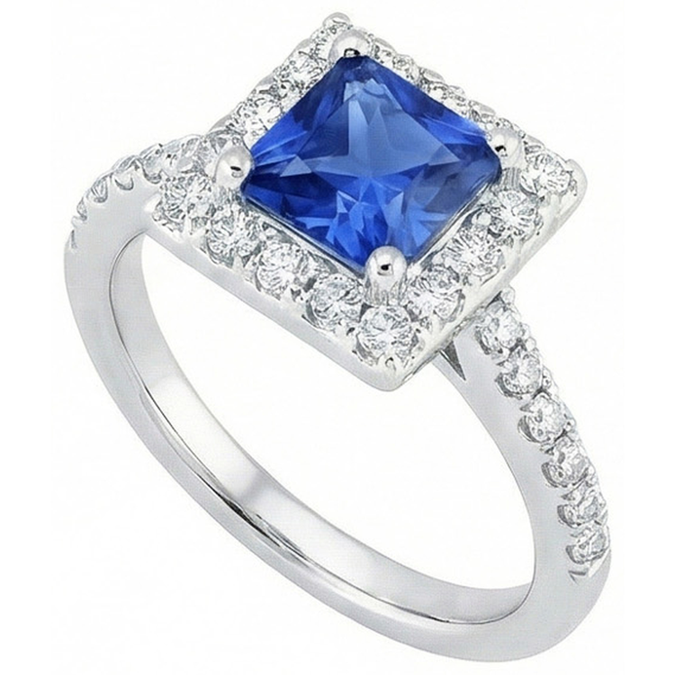 Bague diamant princesse saphir du Sri Lanka en or blanc 2.25 carats 14K