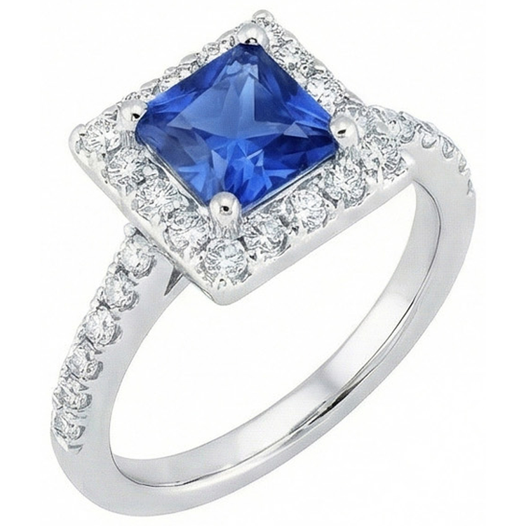Bague diamant princesse saphir du Sri Lanka en or blanc 2.25 carats 14K
