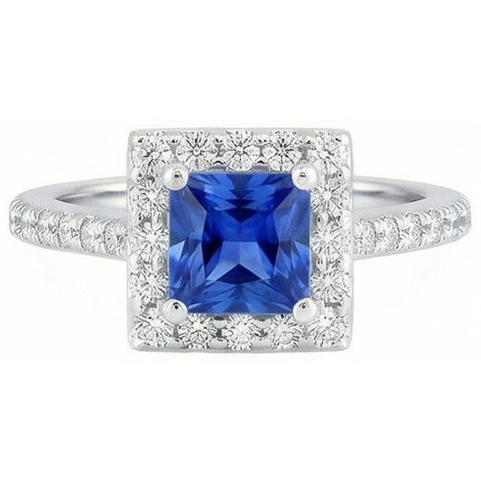 Bague diamant princesse saphir du Sri Lanka en or blanc 2.25 carats 14K