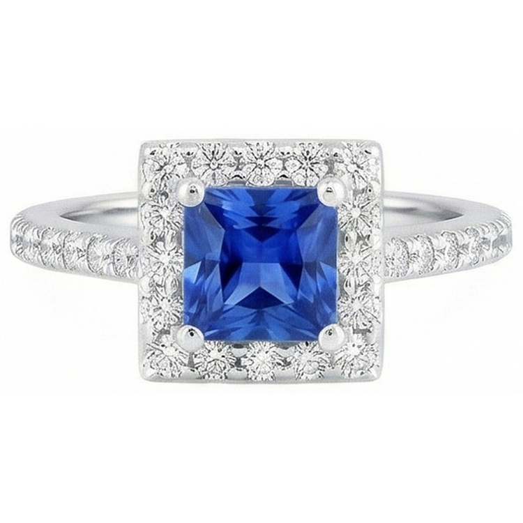Bague diamant princesse saphir du Sri Lanka en or blanc 2.25 carats 14K