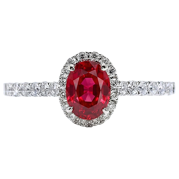 Bague diamant rubis ovale Lady Halo Jewelry Or blanc 14K 3.70 Ct.