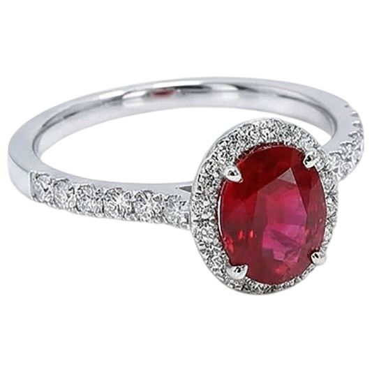 Bague diamant rubis ovale Lady Halo Jewelry Or blanc 14K 3.70 Ct.