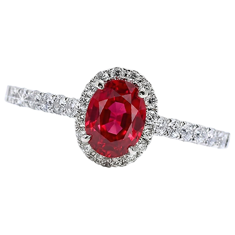 Bague diamant rubis ovale Lady Halo Jewelry Or blanc 14K 3.70 Ct.