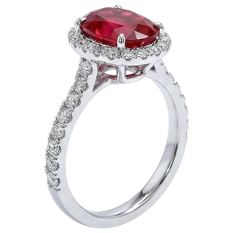 Bague diamant rubis ovale Lady Halo Jewelry Or blanc 14K 3.70 Ct.