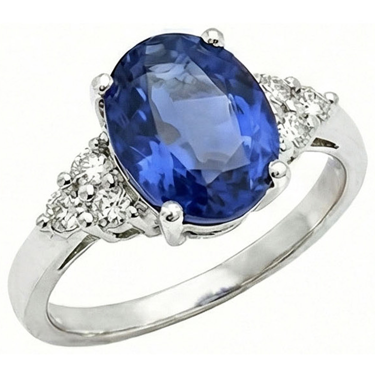 Bague diamant saphir Sri Lanka ovale de 5.30 ct en or blanc 14K