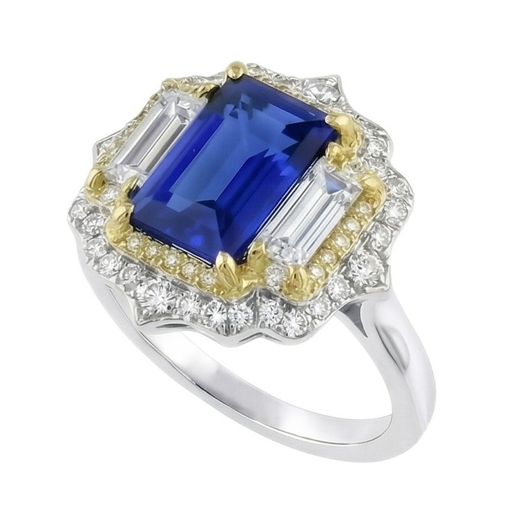 Bague diamant saphir bleu taille émeraude en or jaune et blanc 6.75 carats