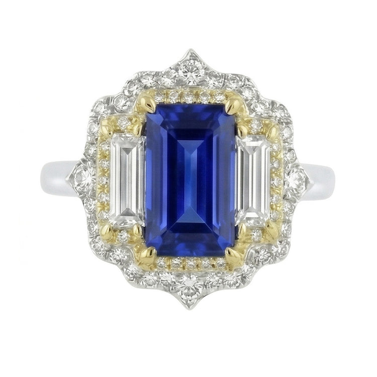Bague diamant saphir bleu taille émeraude en or jaune et blanc 6.75 carats