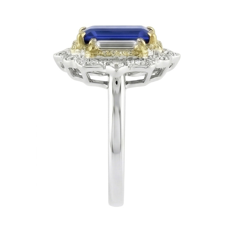 Bague diamant saphir bleu taille émeraude en or jaune et blanc 6.75 carats