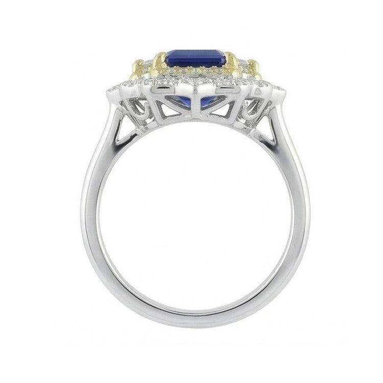 Bague diamant saphir bleu taille émeraude en or jaune et blanc 6.75 carats