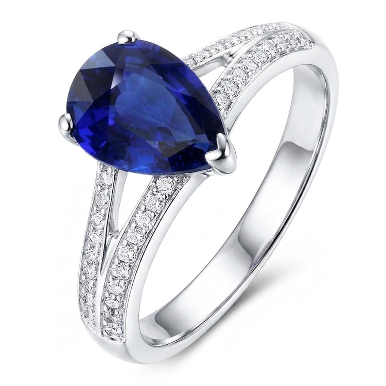 Bague diamant saphir bleu tige fendue 3 carats or blanc 14K