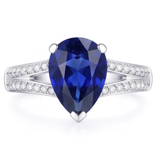 Bague diamant saphir bleu tige fendue 3 carats or blanc 14K