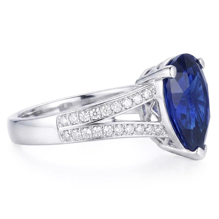 Bague diamant saphir bleu tige fendue 3 carats or blanc 14K